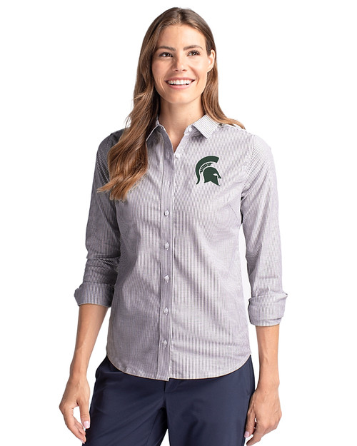 Michigan State Spartans Cutter & Buck Stretch Oxford Stripe Womens Long Sleeve Dress Shirt Charcoal Front