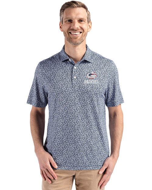 Green Bay Packers Americana Cutter & Buck Pike Eco Flora Print Recycled Mens Polo Navy Blue Front