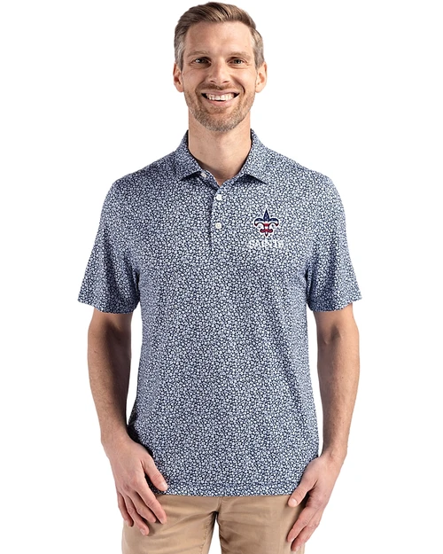 New Orleans Saints Americana Cutter & Buck Pike Recycled Flora Print Mens Polo Navy Blue Front