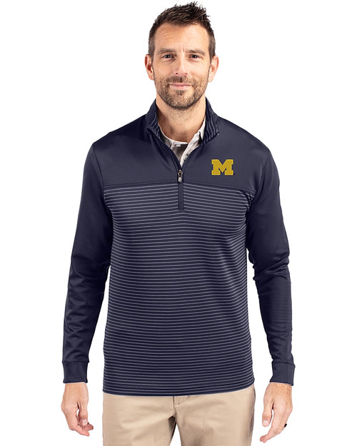Michigan Wolverines Cutter & Buck Traverse Stretch Eco Stripe Quarter Zip Mens Big and Tall Pullover LYN_PRO_HG 