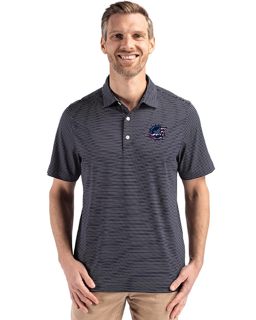 Miami Dolphins Americana Cutter & Buck Forge Epic Confidence Fine Line Stripe Stretch Recycled Mens Polo Navy Blue/White Front
