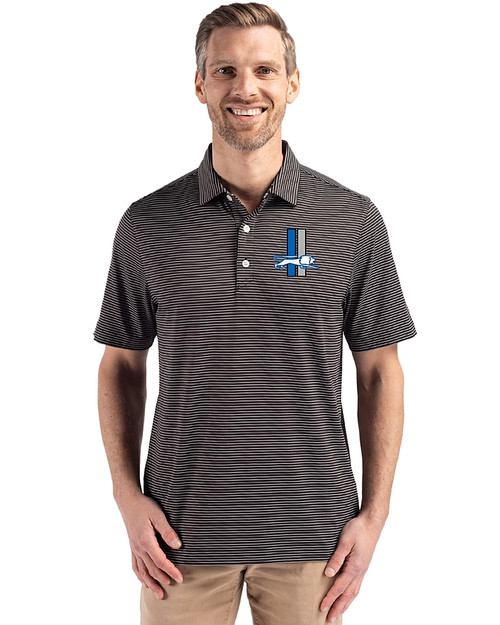 Detroit Lions Historic Cutter & Buck Forge Epic Confidence Fine Line Stripe Stretch Recycled Mens Polo Black/White Front