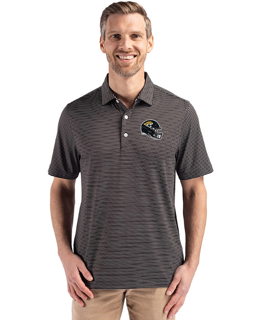 Jacksonville Jaguars NFL Helmet Cutter & Buck Forge Epic Confidence Fine Line Stripe Stretch Recycled Mens Polo Black/White Front