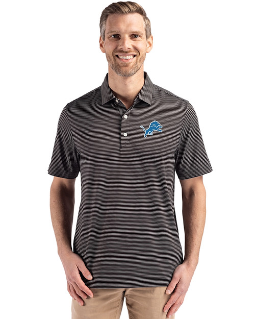 Detroit Lions Cutter & Buck Forge Epic Confidence Fine Line Stripe Stretch Recycled Mens Polo Black/White Front