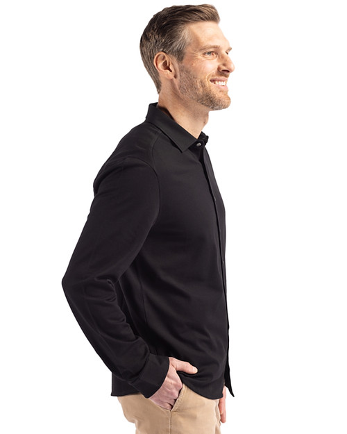 Los Angeles Chargers Mono Cutter & Buck Advantage Tri-Blend Eco Soft Pique Long Sleeve Knitted Mens Button Up Black Side