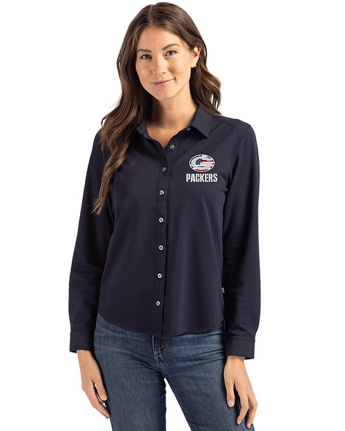 Green Bay Packers Americana Cutter & Buck Advantage Tri-Blend Eco Soft Pique Long Sleeve Knitted Womens Button Up Liberty Navy Front