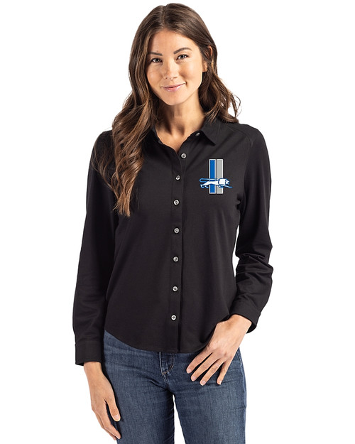 Detroit Lions Historic Cutter & Buck Advantage Tri-Blend Eco Soft Pique Long Sleeve Knitted Womens Button Up Black Front