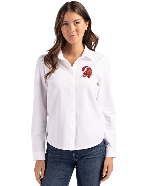 Tampa Bay Buccaneers Historic Cutter & Buck Advantage Tri-Blend Eco Soft Pique Long Sleeve Knitted Womens Button Up WH_PRO_HG 