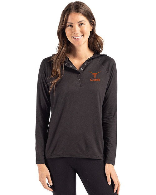 Texas Longhorns Alumni Cutter & Buck Coastline Epic Comfort Recycled Womens Hooded Shirt Black Front