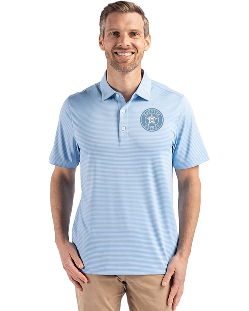 Houston Astro Mono Cutter & Buck Forge Epic Confidence Fine Line Stripe Stretch Recycled Mens Polo Atlas/White Front