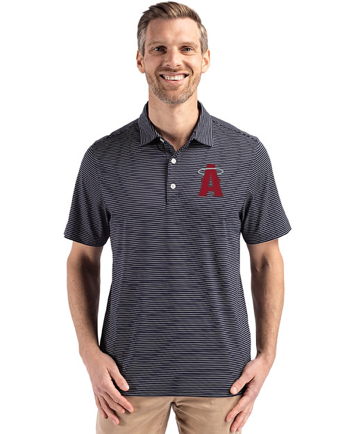Los Angeles Angels City Connect Cutter & Buck Forge Epic Confidence Fine Line Stripe Stretch Recycled Mens Polo Navy Blue/White Front