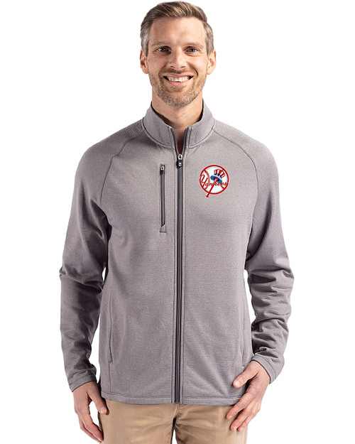 New York Yankees Cooperstown Cutter & Buck Peshastin Fleece Recycled Mens Full Zip Jacket Elemental Grey Heather Front