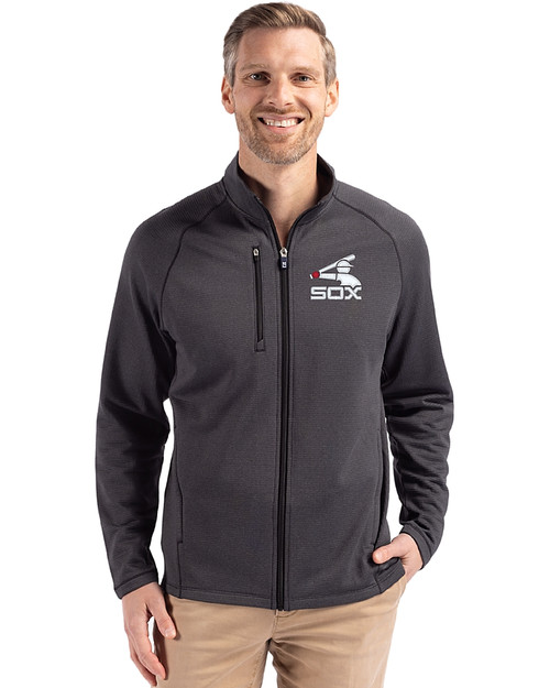 Chicago White Sox Cooperstown Cutter & Buck Peshastin Fleece Recycled Mens Full Zip Jacket Black Heather Front