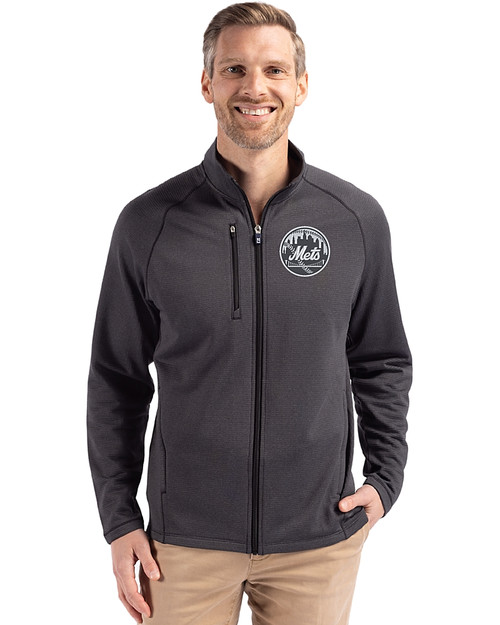 New York Mets Monochromatic Cutter & Buck Peshastin Recycled Grid Fleece Mens Full Zip Jacket Black Heather Front