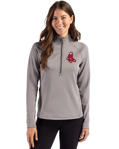 Boston Red Sox Cooperstown Cutter & Buck Peshastin Fleece Recycled Womens Half Zip Pullover Elemental Grey Heather Front