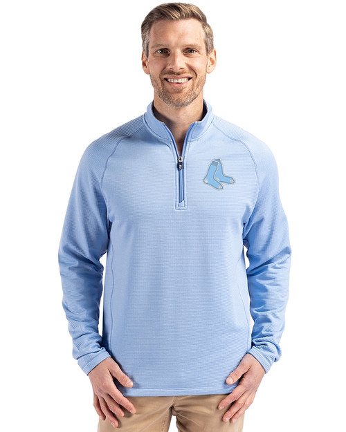 Boston Red Sox Mono Cutter & Buck Peshastin Fleece Recycled Mens Half Zip Pullover Atlas Heather Front