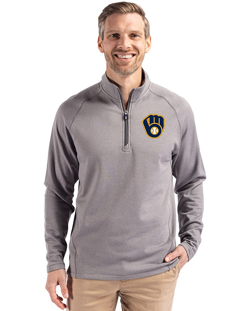 Milwaukee Brewers Cutter & Buck Peshastin Fleece Recycled Mens Half Zip Pullover Elemental Grey Heather Front