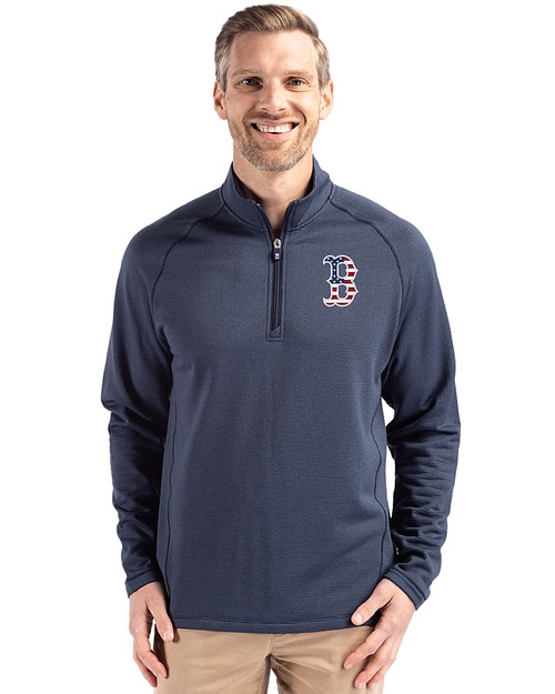Boston Red Sox Stars & Stripes Cutter & Buck Peshastin Fleece Recycled Mens Half Zip Pullover Navy Blue Heather Front