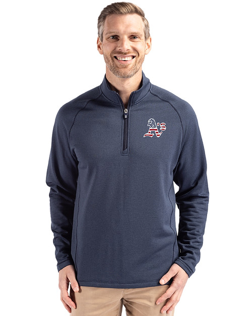 Athletics Stars And Stripes Cutter & Buck Peshastin Fleece Recycled Mens Half Zip Pullover Navy Blue Heather Front