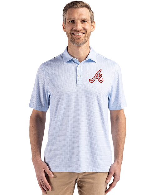 Atlanta Braves Cooperstown Cutter & Buck Pike Recycled Diamond Dot Print Mens Polo Atlas Light Blue Front