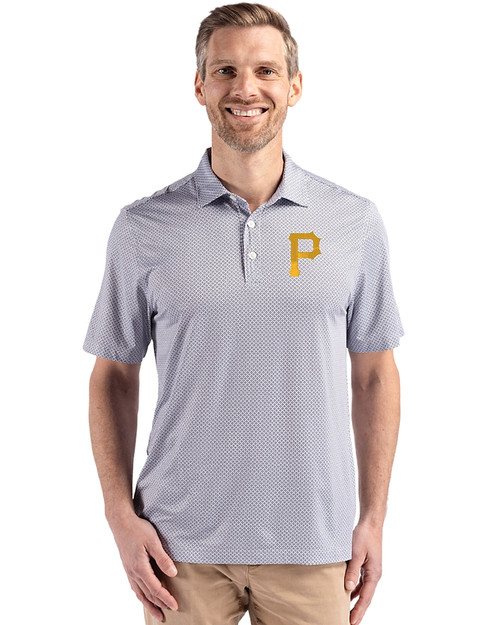 Pittsburgh Pirates Cutter & Buck Pike Eco Diamond Dot Print Recycled Mens Polo Black Front