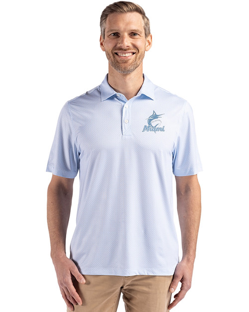 Miami Marlins Mono Cutter & Buck Pike Eco Diamond Dot Print Recycled Mens Polo Atlas Light Blue Front