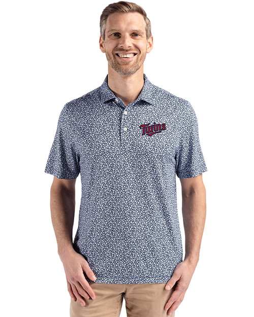 Minnesota Twins Cooperstown Cutter & Buck Pike Eco Flora Print Recycled Mens Big & Tall Polo Navy Blue Front