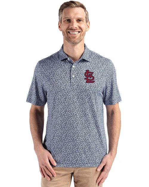 St. Louis Cardinals Cutter & Buck Pike Recycled Flora Print Mens Big & Tall Polo Navy Blue Front