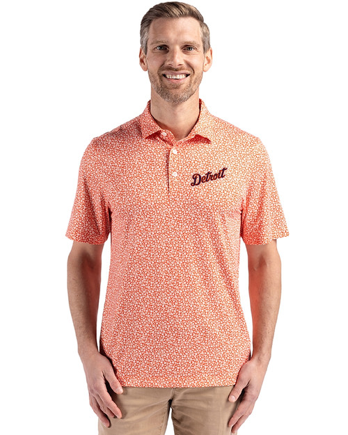 Detroit Tigers Cooperstown Cutter & Buck Pike Eco Flora Print Recycled Mens Polo College Orange Front