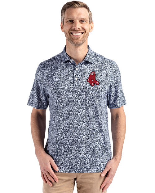 Boston Red Sox Cooperstown Cutter & Buck Pike Eco Flora Print Recycled Mens Polo Navy Blue Front