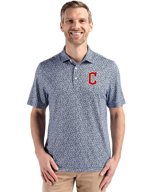 Cleveland Guardians - Cutter & Buck Pike Eco Flora Print Recycled Mens Polo Navy Blue Front