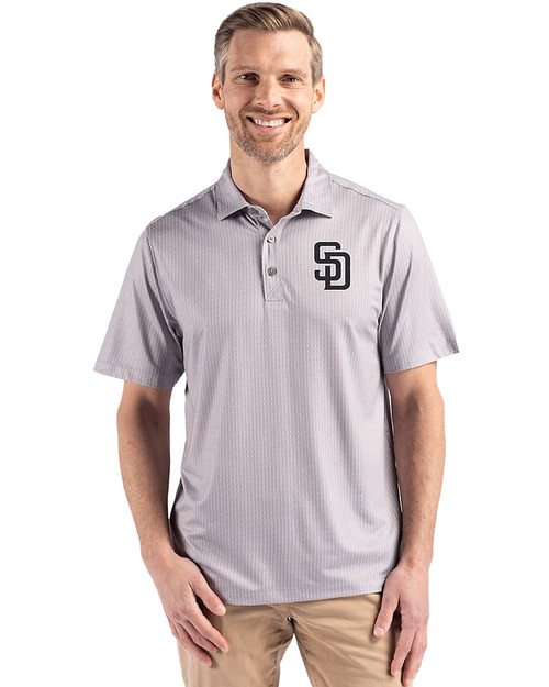 San Diego Padres Cutter & Buck Pike Eco Shadow Check Print Recycled Mens Polo Polished Medium Gray Front