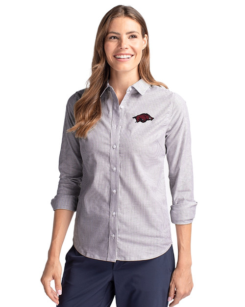 Arkansas Razorbacks Cutter & Buck Stretch Oxford Stripe Womens Long Sleeve Dress Shirt Charcoal Front