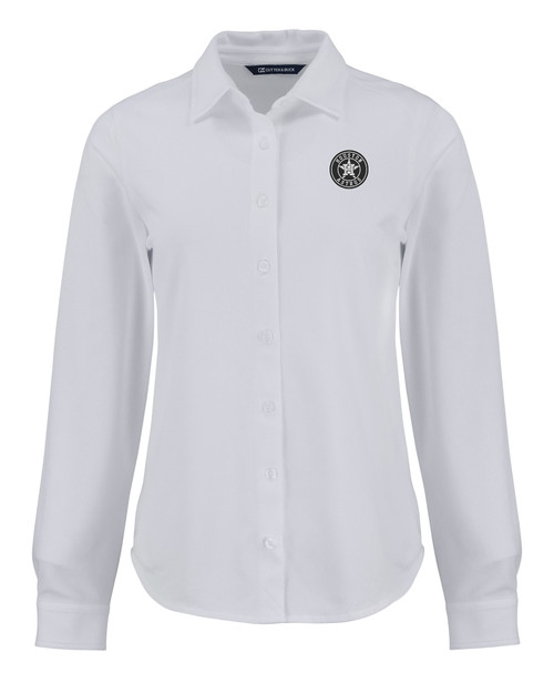 Houston Astro Mono Cutter & Buck Advantage Tri-Blend Eco Soft Pique Long Sleeve Knitted Womens Button Down WH_MANN_HG 1
