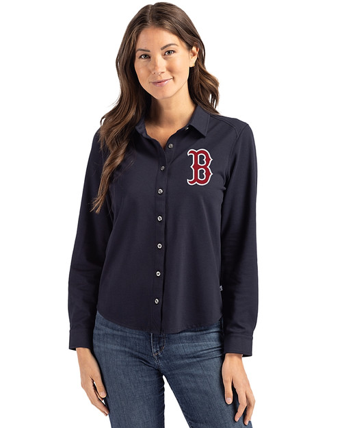 Boston Red Sox Cutter & Buck Advantage Tri-Blend Eco Soft Pique Long Sleeve Knitted Womens Button Up Liberty Navy Front