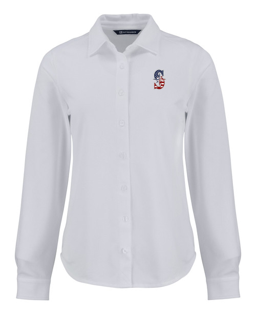 Seattle Mariners Stars & Stripes Cutter & Buck Advantage Tri-Blend Eco Soft Pique Long Sleeve Knitted Womens Button Down WH_MANN_HG 1