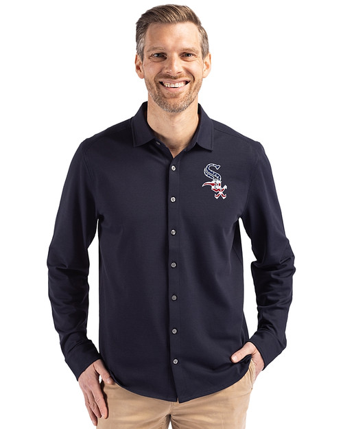 Chicago White Sox Stars & Stripes Cutter & Buck Advantage Tri-Blend Eco Soft Pique Long Sleeve Knitted Mens Button Up Liberty Navy Front