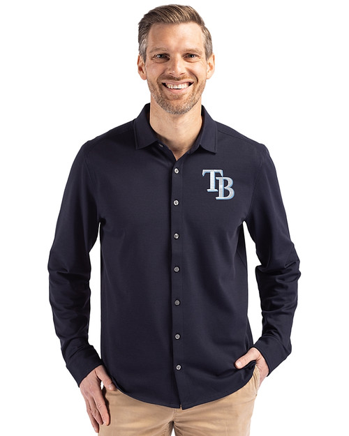 Tampa Bay Rays Cutter & Buck Advantage Tri-Blend Eco Soft Pique Long Sleeve Knitted Mens Button Up Liberty Navy Front
