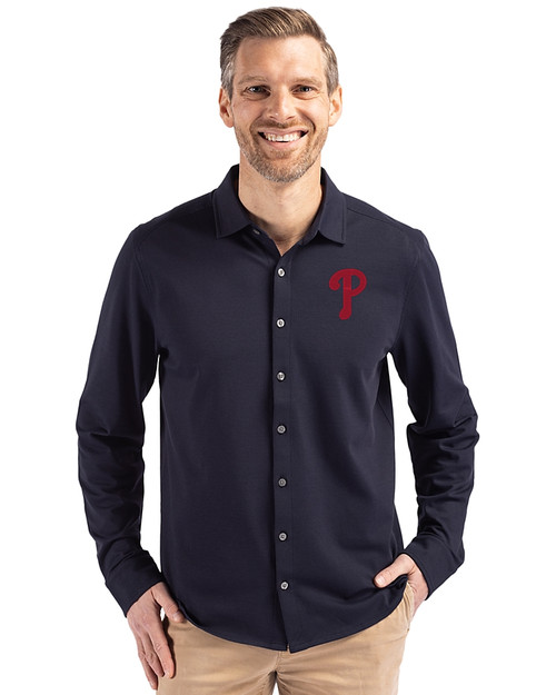 Philadelphia Phillies Cutter & Buck Advantage Tri-Blend Eco Soft Pique Long Sleeve Knitted Mens Button Up Liberty Navy Front