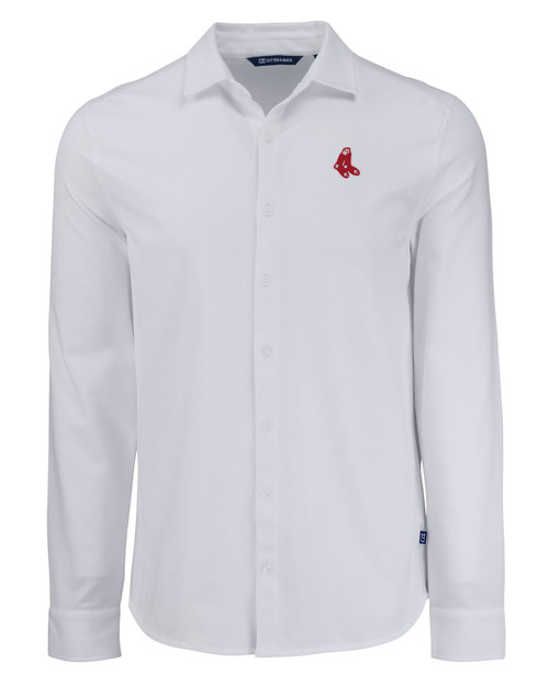 Boston Red Sox Cooperstown Cutter & Buck Advantage Tri-Blend Eco Soft Pique Long Sleeve Knitted Mens Button Down WH_MANN_HG 1