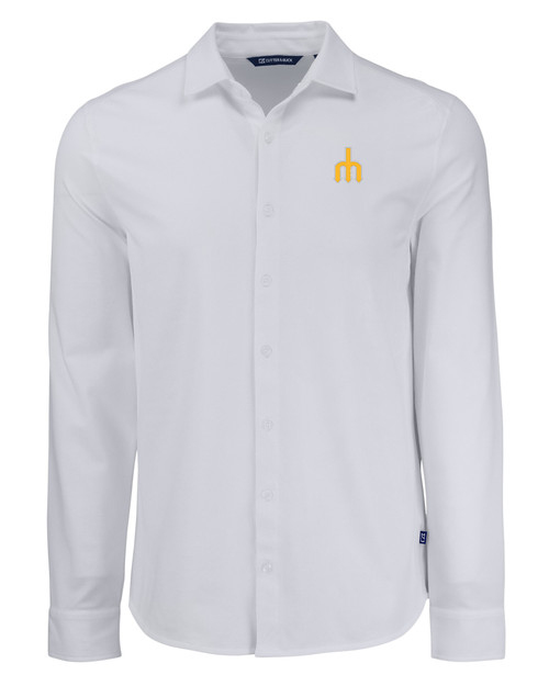 Seattle Mariners Cooperstown Cutter & Buck Advantage Tri-Blend Eco Soft Pique Long Sleeve Knitted Mens Button Down WH_MANN_HG 1