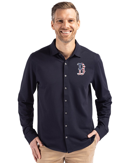 Boston Red Sox Stars & Stripes Cutter & Buck Advantage Tri-Blend Eco Soft Pique Long Sleeve Knitted Mens Button Up Liberty Navy Front