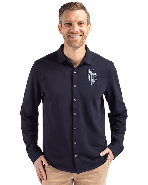 Kansas City Royals City Connect Cutter & Buck Advantage Tri-Blend Eco Soft Pique Long Sleeve Knitted Mens Button Up Liberty Navy Front