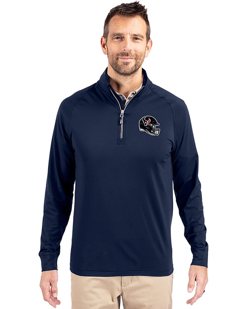 Houston Texans NFL Helmet Cutter & Buck Adapt Recycled Soft Knit Stretch  Mens Big & Tall Quarter Zip Pullover Navy Blue Front