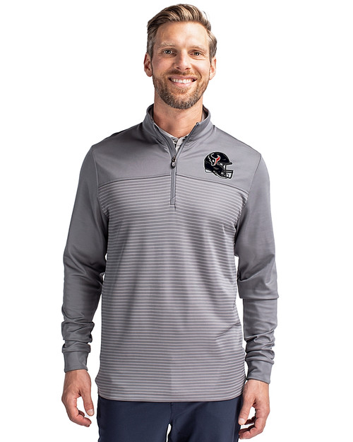 Houston Texans NFL Helmet Cutter & Buck Traverse Stretch Eco Stripe Quarter Zip Mens Pullover Elemental Grey Front
