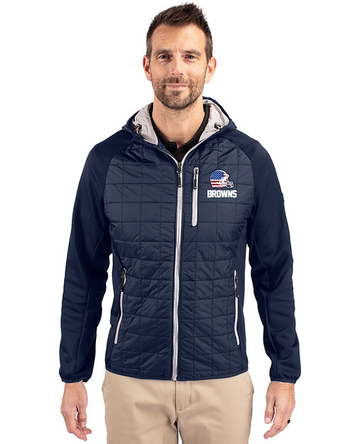 Cleveland Browns Americana Cutter & Buck Rainier Recycled Insulated Hybrid Puffer Mens Full Zip Jacket Dark Navy Front