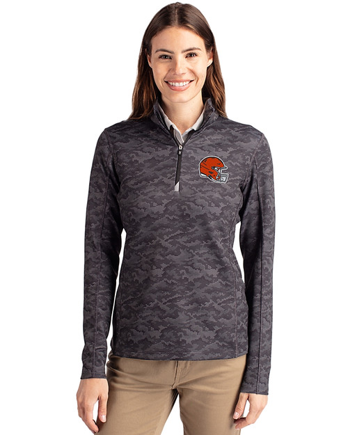 Cleveland Browns Helmet Cutter & Buck Traverse Stretch Eco Camo Print Quarter Zip Womens Pullover Black Front