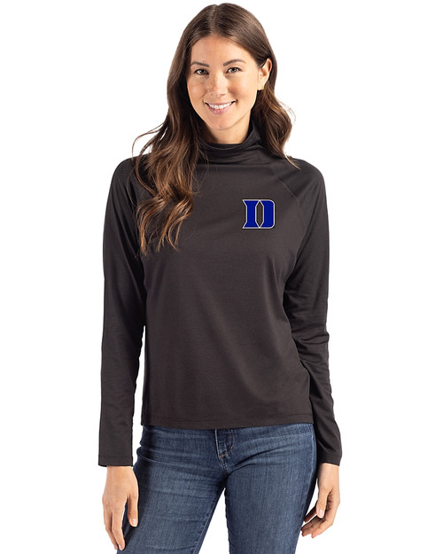 Duke Blue Devils Cutter & Buck Coastline Epic Comfort Recycled Womens Funnel Neck Black Front