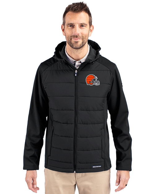 Cleveland Browns Cutter & Buck Evoke Hybrid Eco Softshell Recycled Full Zip Mens Big & Tall Hooded Jacket Black Front