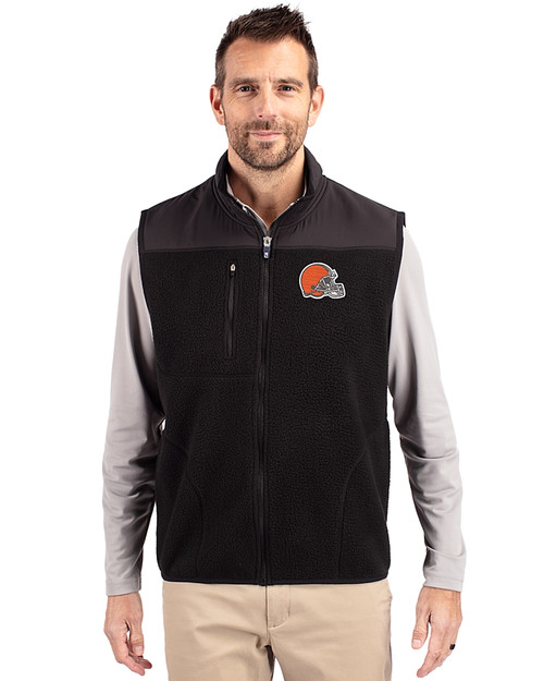 Cleveland Browns Cutter & Buck Cascade Epic Comfort Recycled Sherpa Fleece Mens Big & Tall Full Zip Vest Black Front